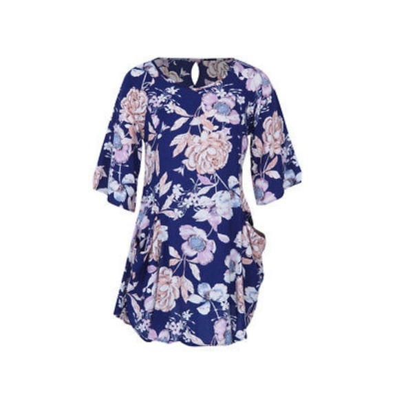 Blue Pastel Floral Dress With 3/4 Sleeves Pockets - Picture 7 of 7